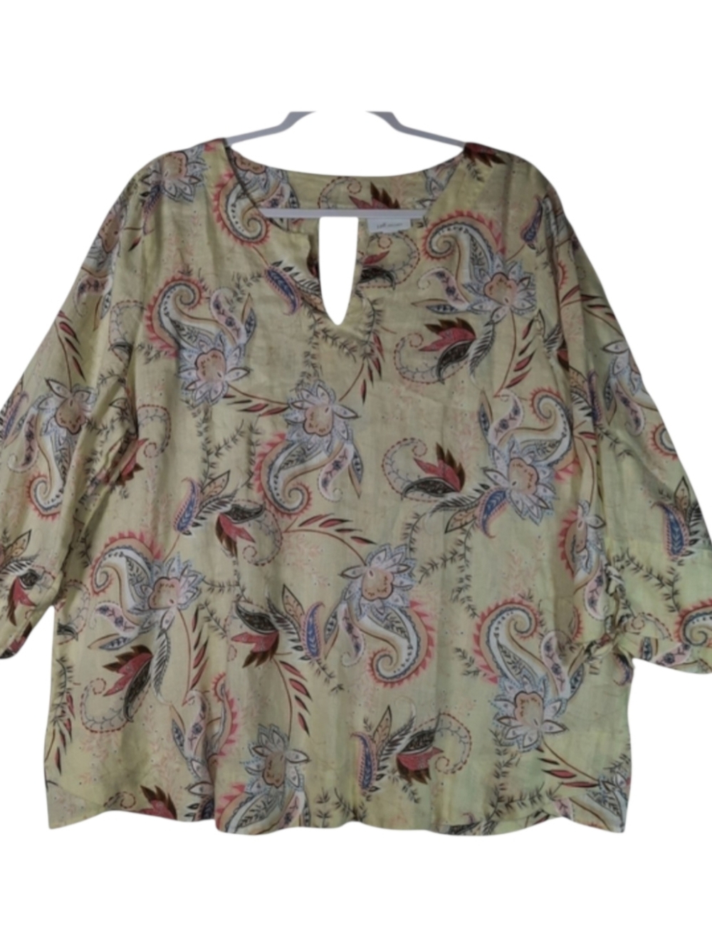 J Jill Linen Yellow Paisley Floral Keyhole Back Top SZ L